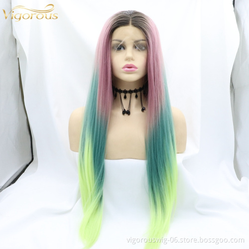Vigorous Long Rainbow Hair Wig Multi Color Natural Wave Synthetic Lace Front Wigs Colorful Heat Resistant Wig for Cosplay use